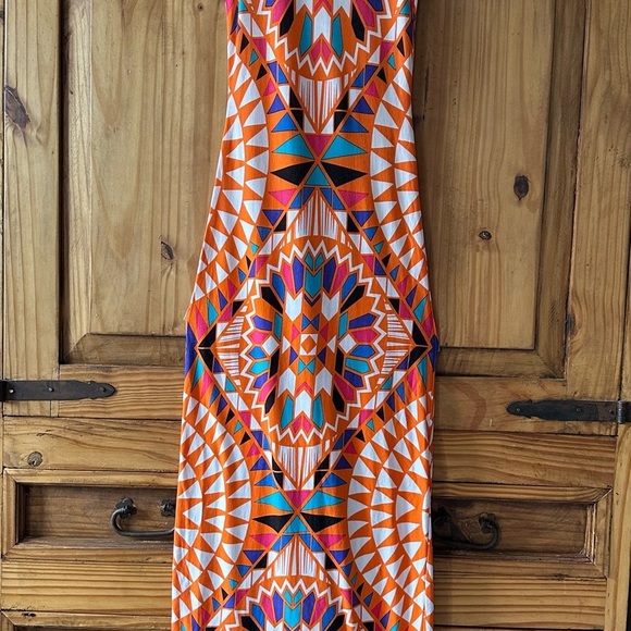 Geometric Aztec Southwestern Long Tank Maxi Dress Orange Blue Turquoise - XS - Picture 2 of 15